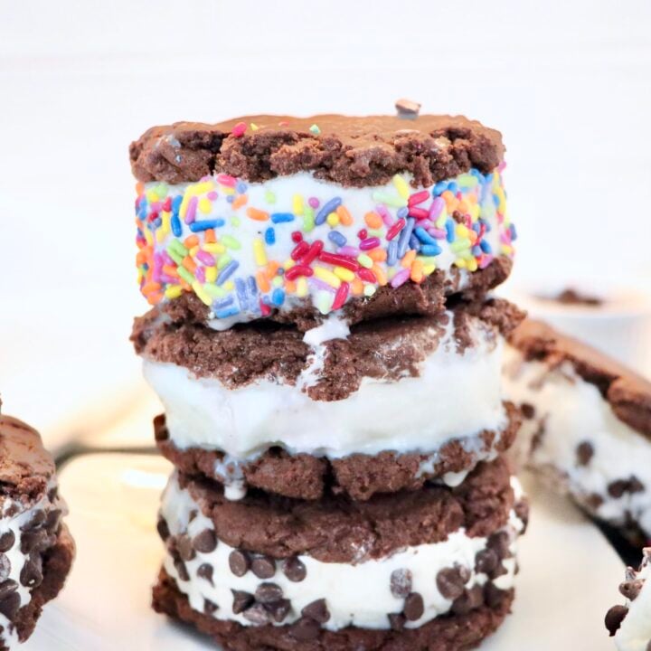 Homemade ice cream sandwiches with chocolate cookies and vanilla ice cream, perfect summer frozen dessert