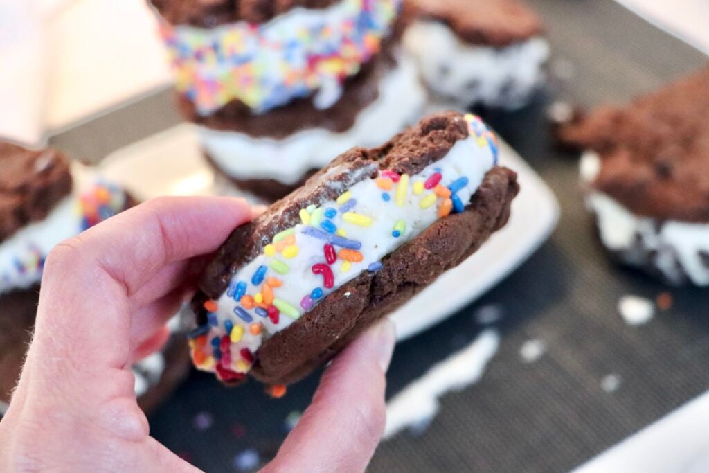 Chocolate cookie ice cream sandwich recipe with rich fudgy cookies and creamy ice cream filling