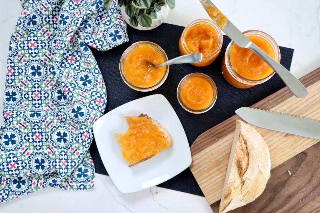 Zoomed out Overhead shot of apricot pineapple jam