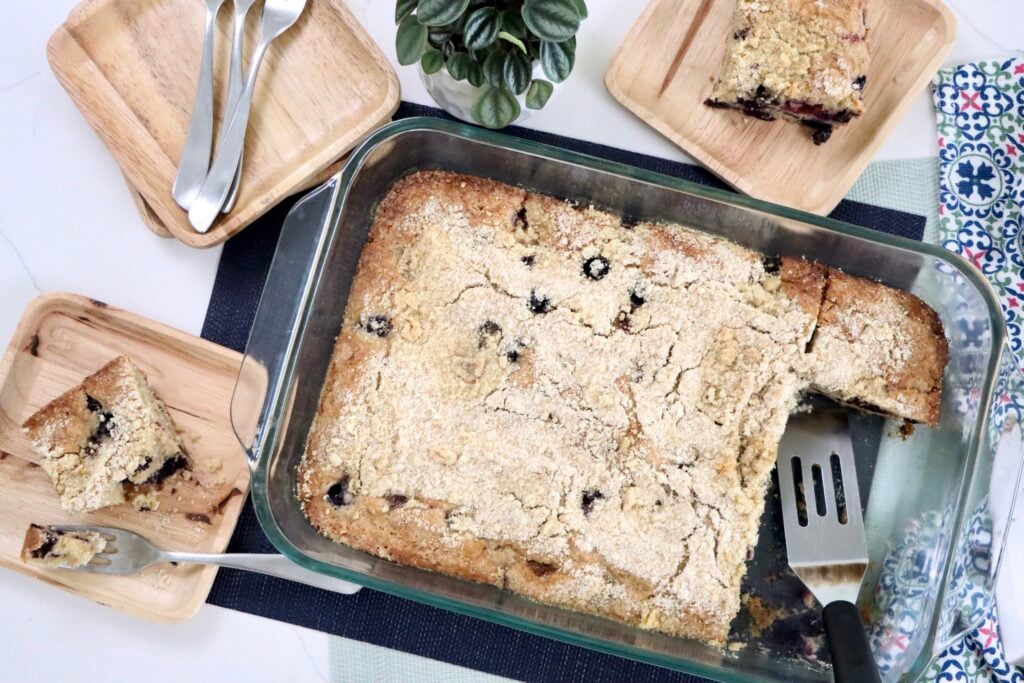Freshly baked berry crumb cake with golden crumb topping