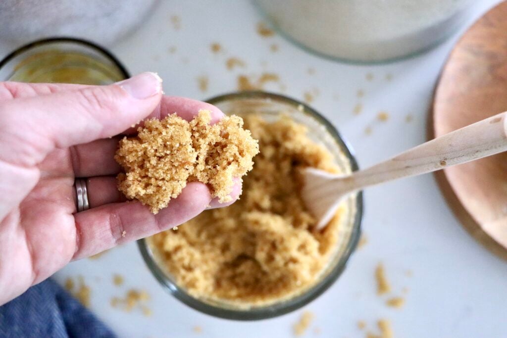 Close up of soft homemade brown sugar in a mixing bowl