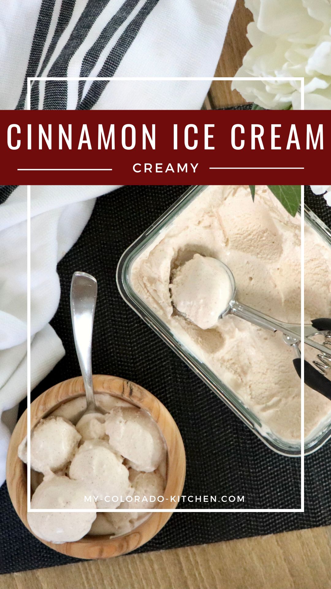 Cinnamon ice cream on a table with a vase of flowers