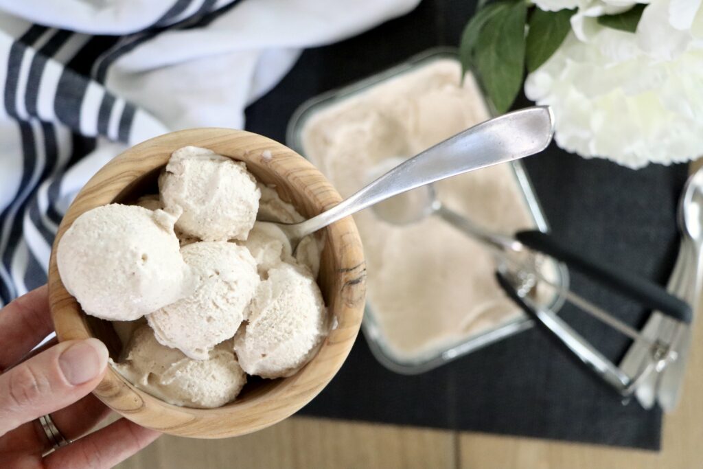 Scooped bowl of homemade cinnamon ice cream