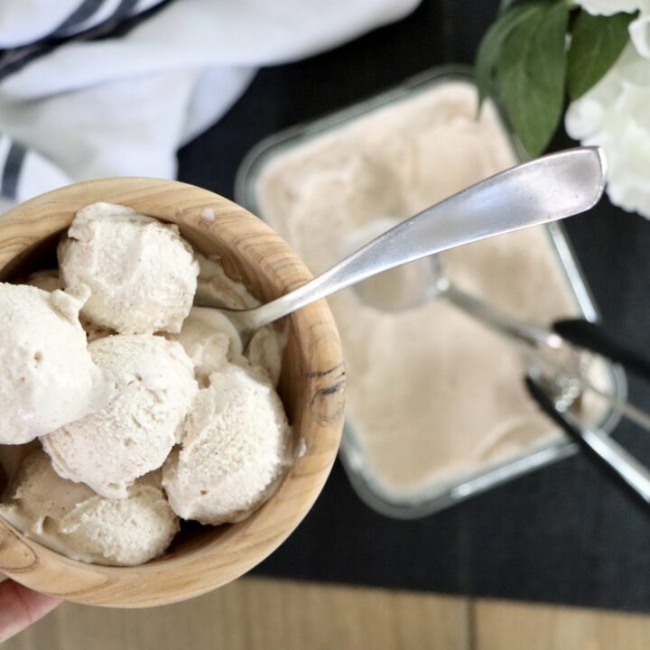Scooped bowl of homemade cinnamon ice cream