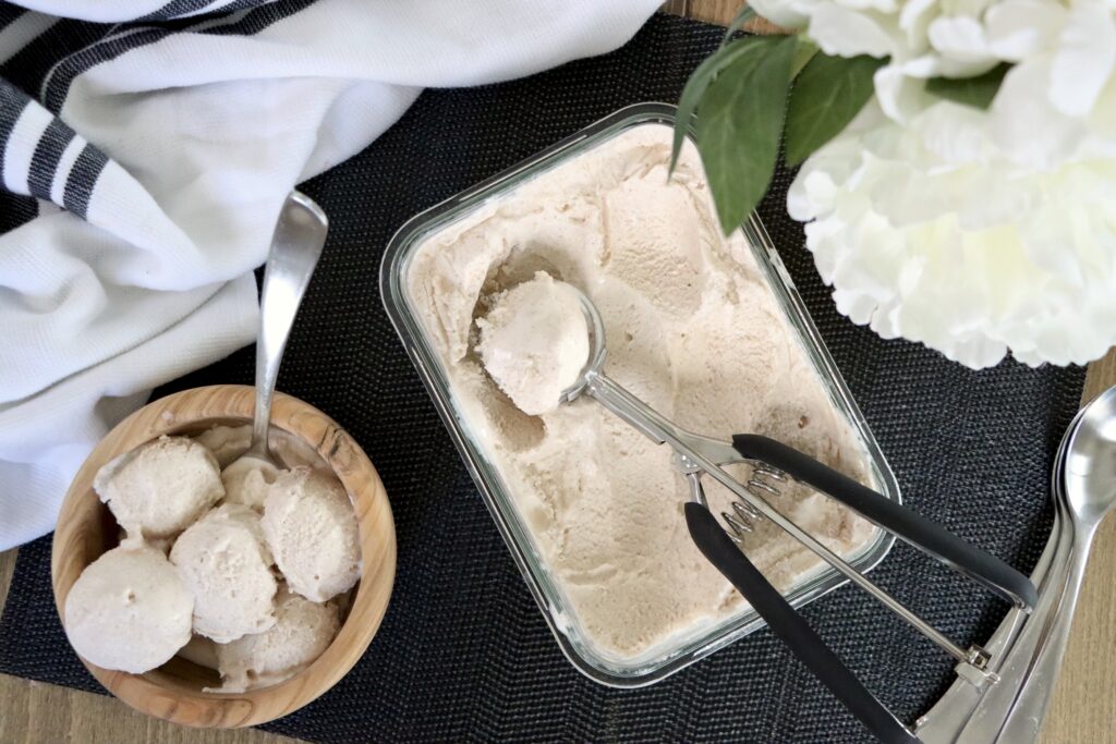 Container of finished cinnamon ice cream ready for the freezer