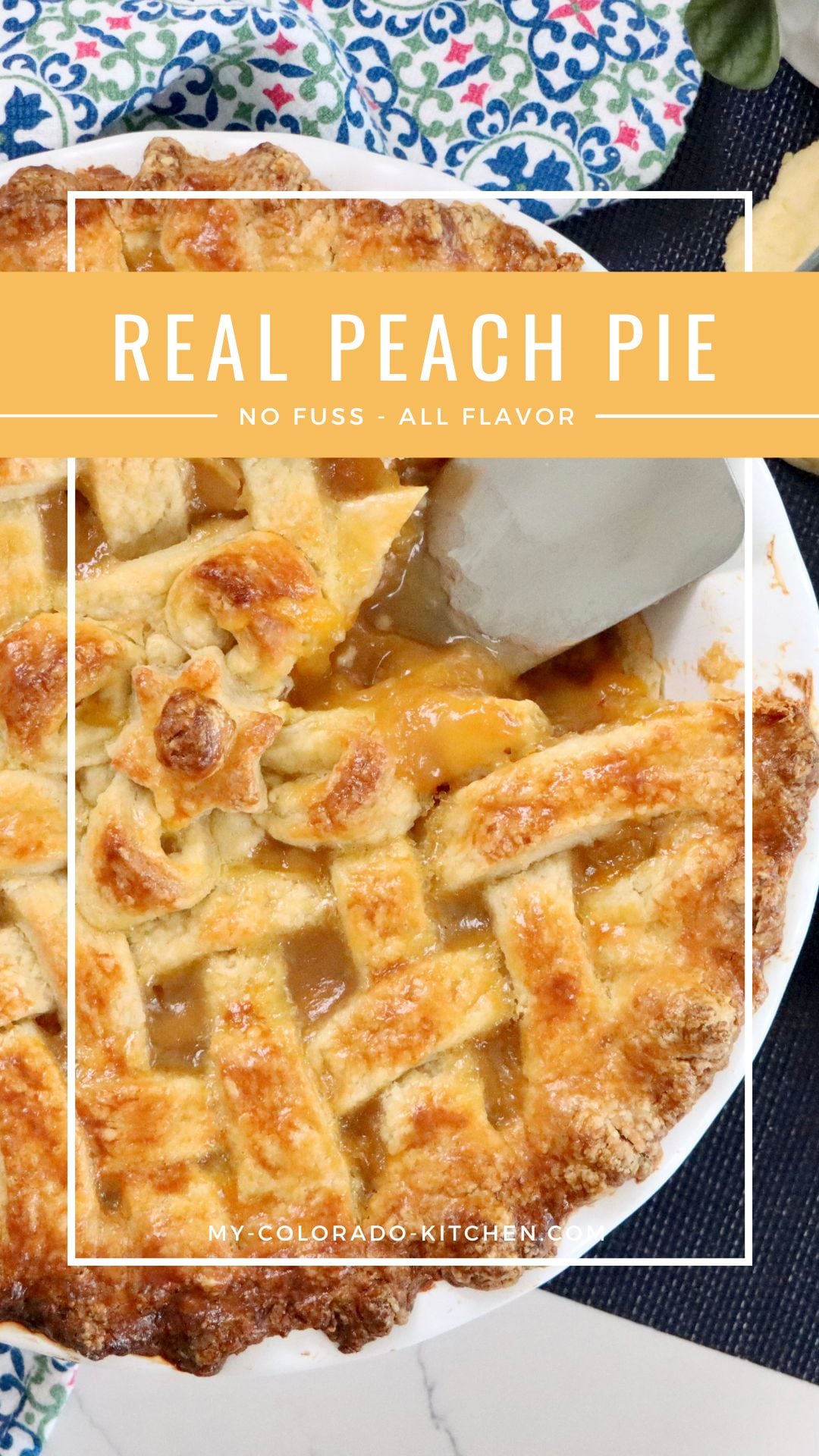 Golden lattice-top peach pie fresh out of the oven with filling bubbling through the crust