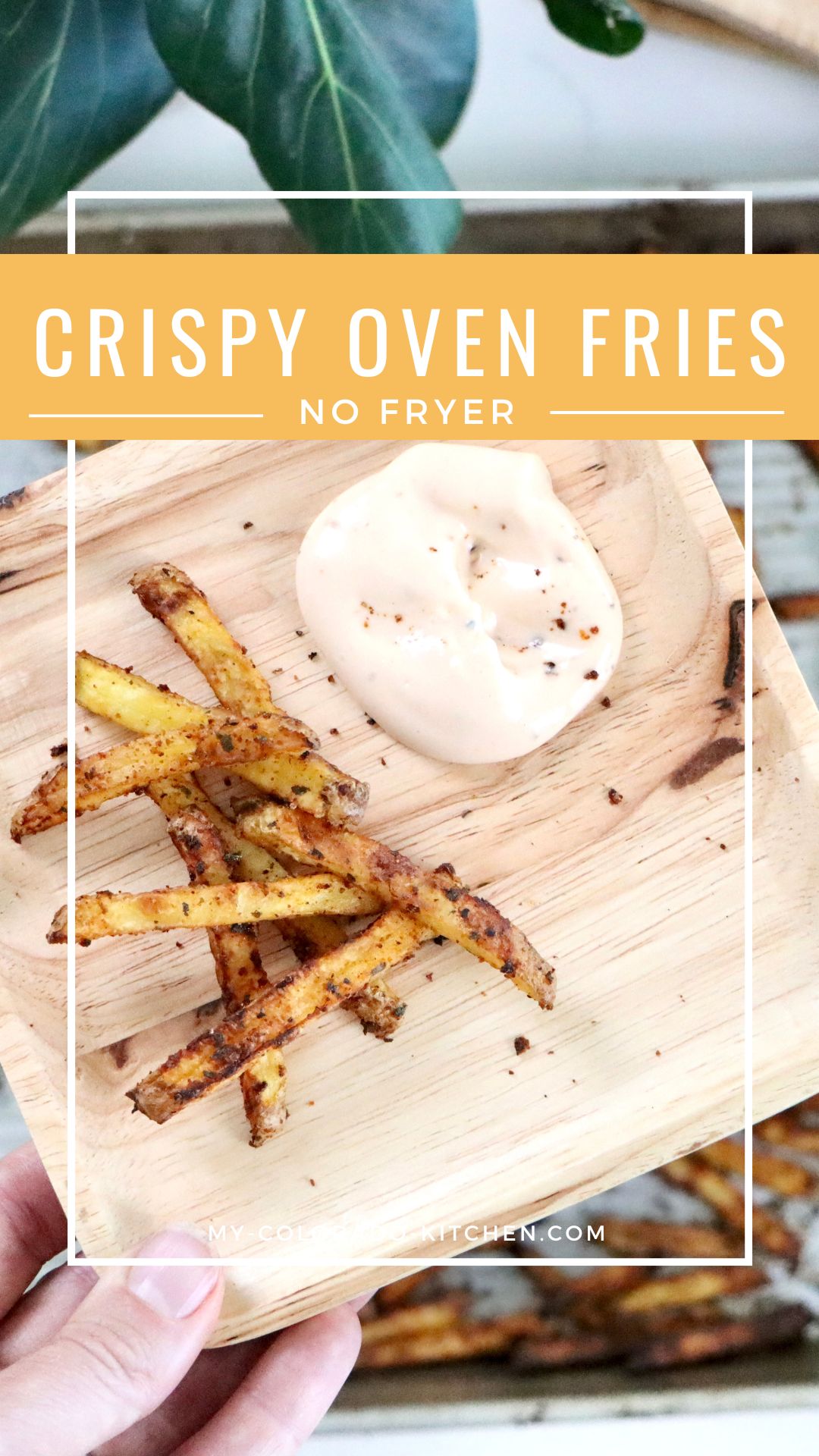 Yellow potato fries seasoned with chili powder and paprika, baked until crispy