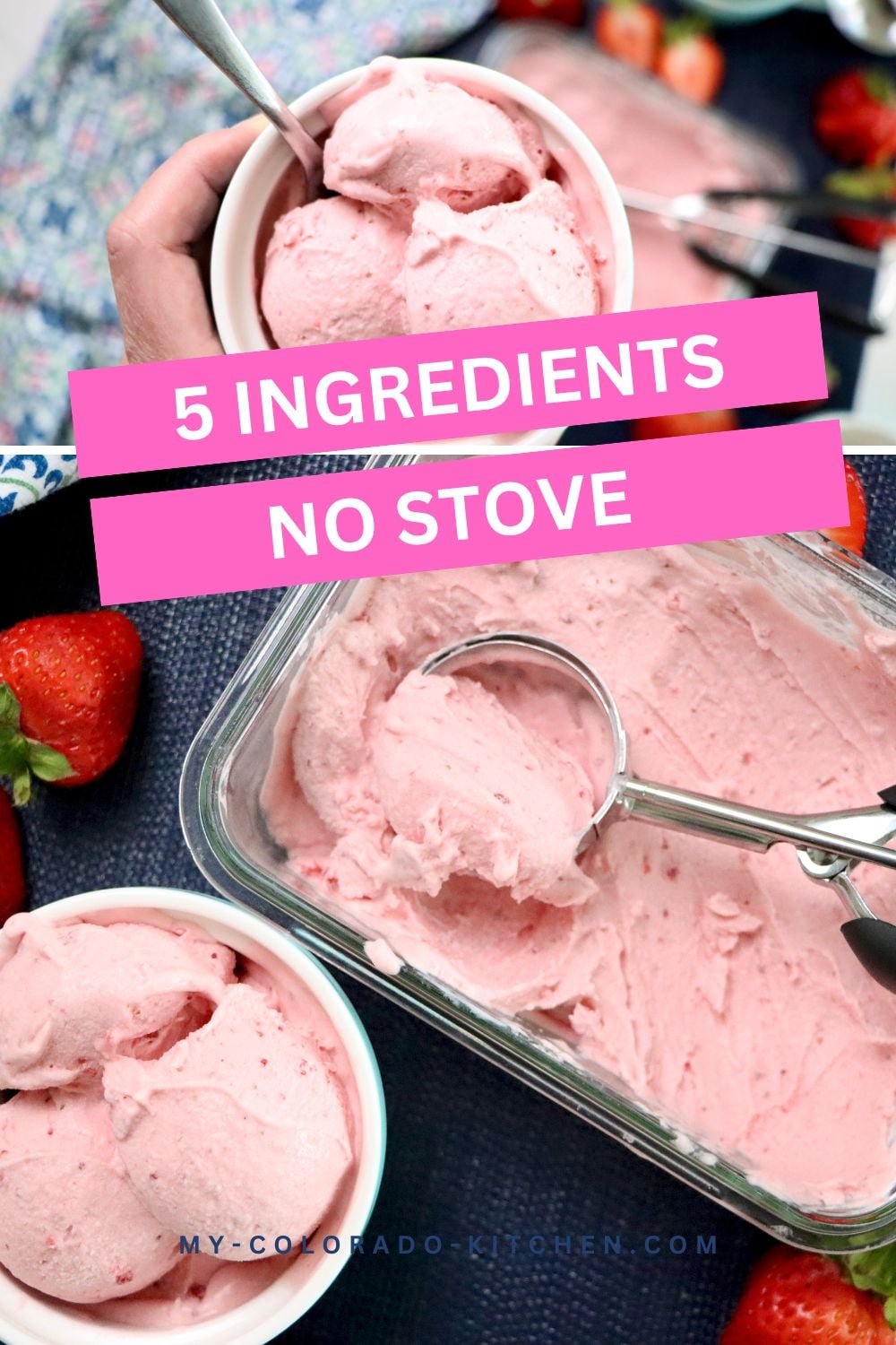 Five ingredients for beginner strawberry ice cream in a bowl