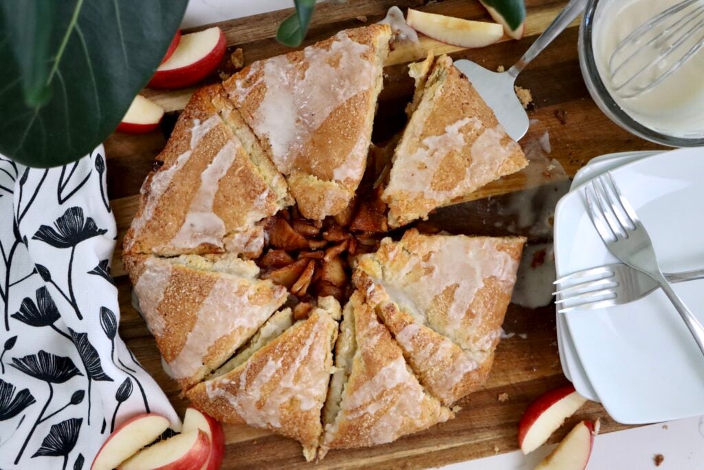 Sliced cinnamon apple galette showing tender cinnamon apple filling