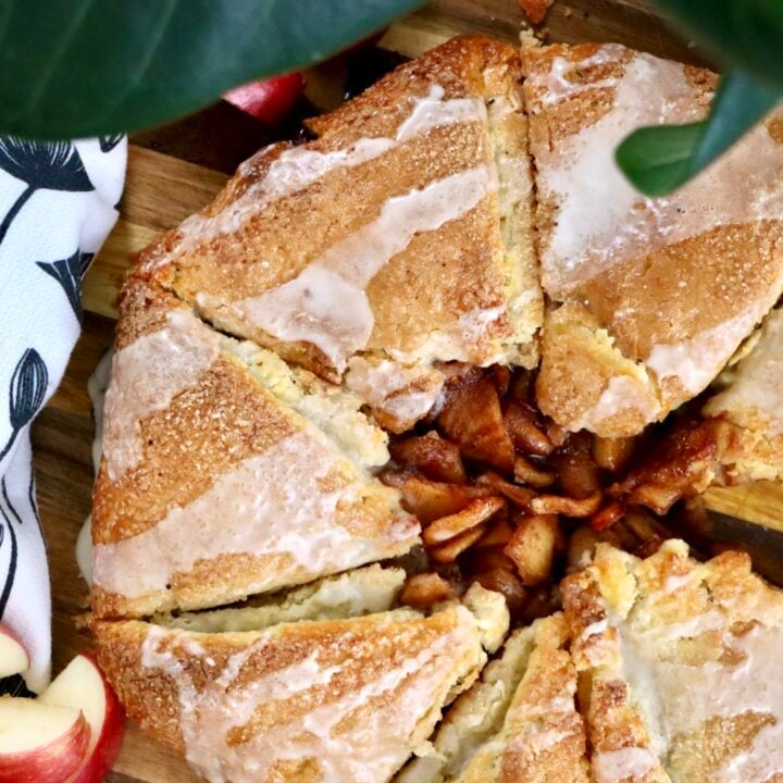 Overhead shot of a rustic apple galette topped with turbinado sugar