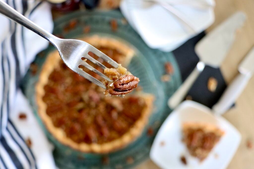 Close-up of gooey maple pecan pie filling