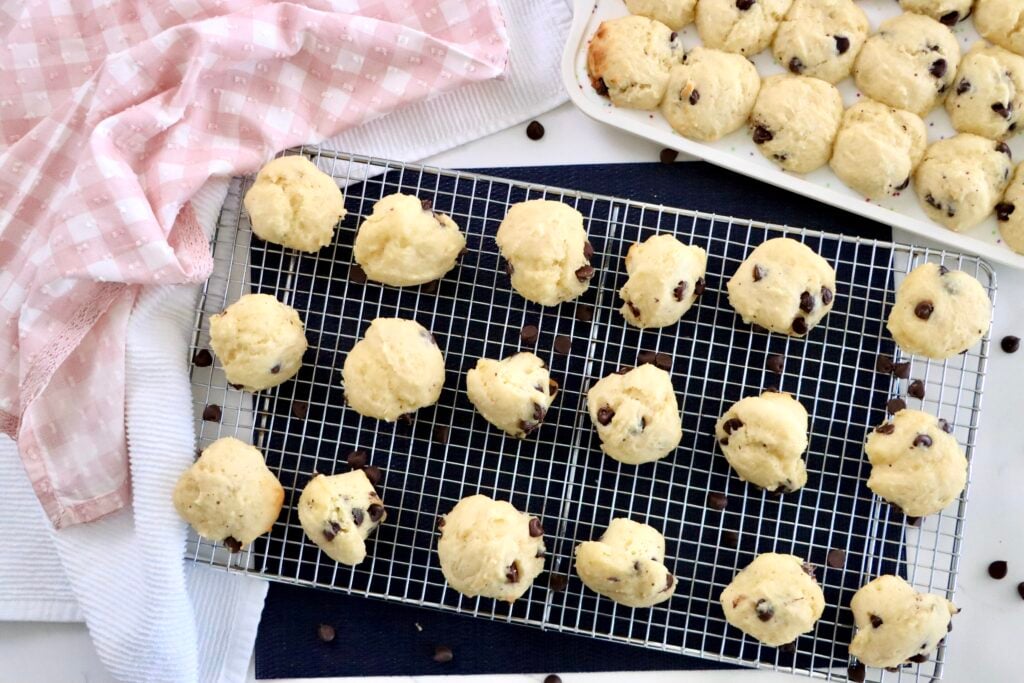 Overhead shot of mini chocolate chip muffins in a mini muffin tin