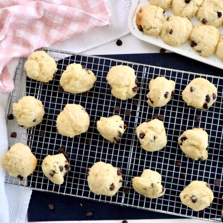 Overhead shot of mini chocolate chip muffins in a mini muffin tin