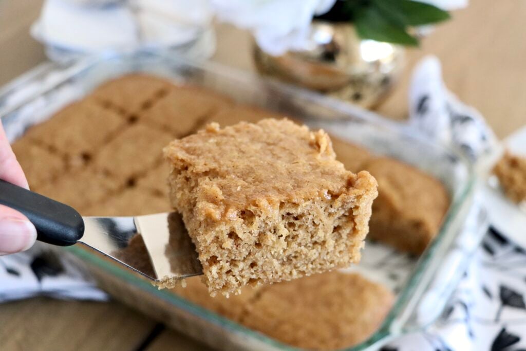 Close-up of moist spice cake crumb showing cinnamon and nutmeg specks